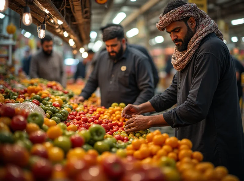A crowded marketplace in Pakistan during Ramadan, with vendors selling fruits and vegetables, but shoppers looking concerned about prices.