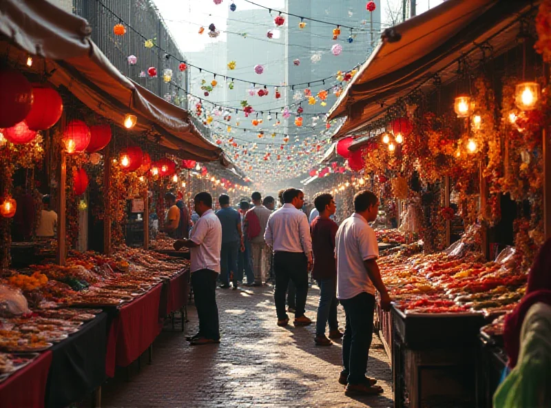 A vibrant Ramadan bazaar scene in Kuala Lumpur, Malaysia, with colorful tents and merchants selling food and goods.