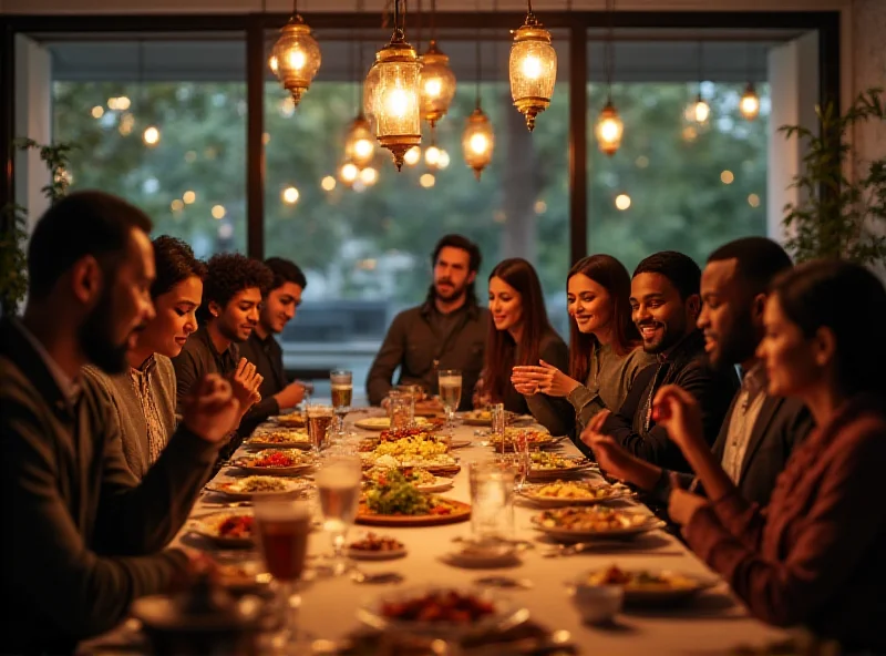 Diverse group of employees at a company during Ramadan, sharing a meal during Iftar in a decorated office space.