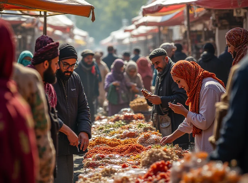 A bustling charity market in Hama, Syria, filled with people and stalls offering food and essential goods.