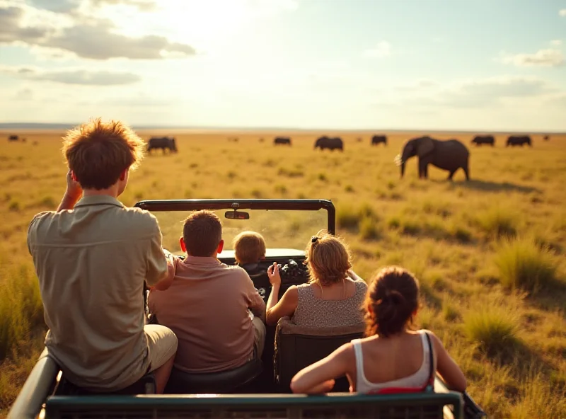 A group of tourists on a safari in Uganda, observing wildlife in their natural habitat.
