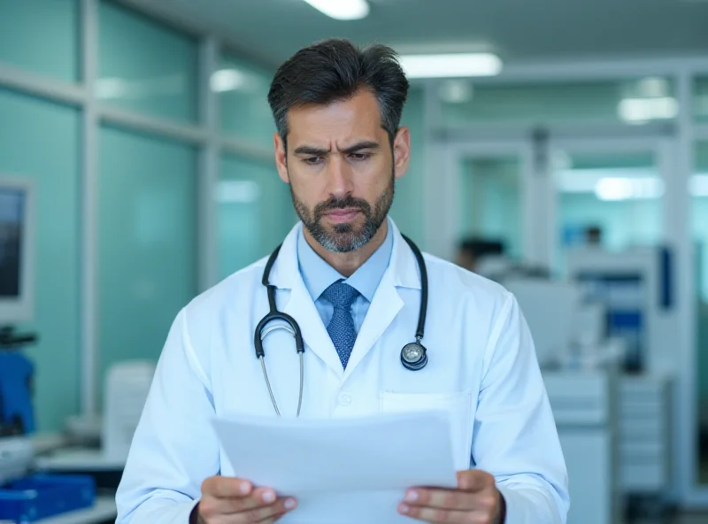 A doctor reviewing medical records with a concerned expression.