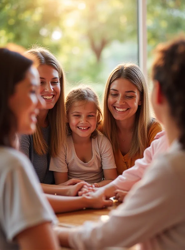 A group of diverse people smiling and connecting, representing community support.