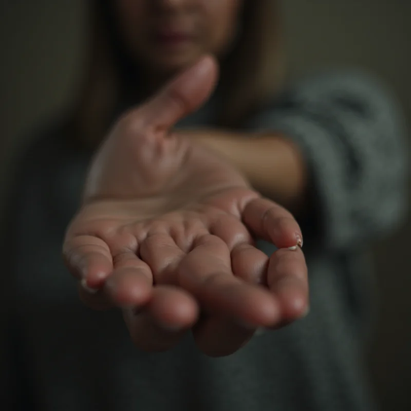 A person offering a comforting hand to another person who is looking downcast.