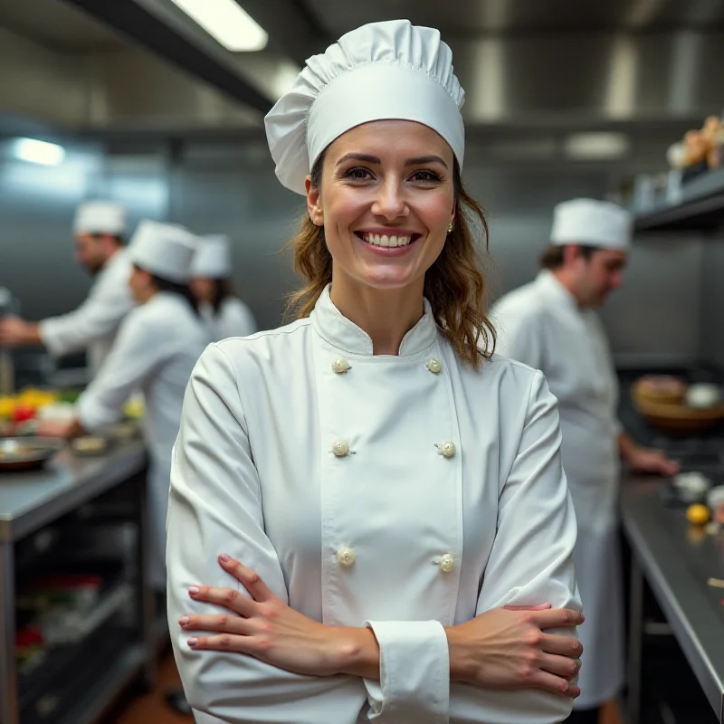 Chef Lydia Shire smiling in a professional kitchen.