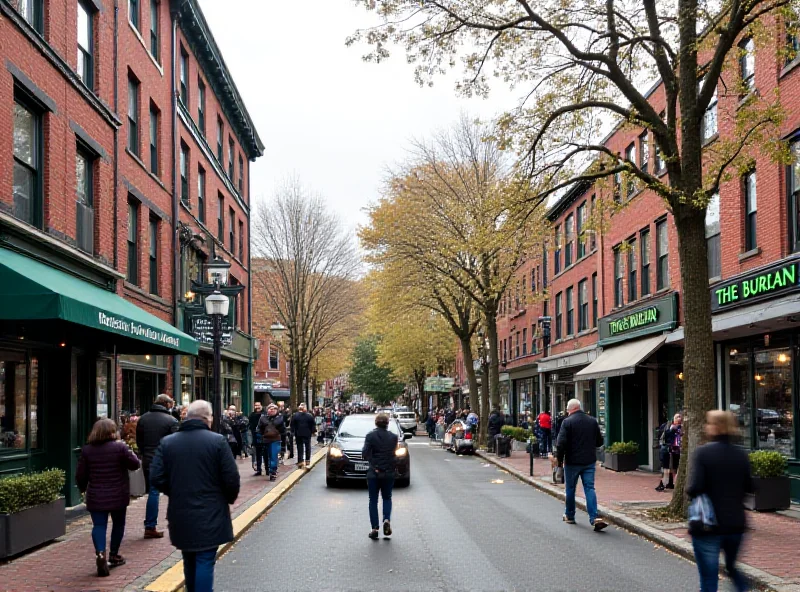 A bustling street scene in Davis Square, Cambridge, Massachusetts.