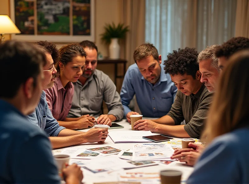 A diverse group of people discussing real estate investment strategies around a table, brainstorming ideas and looking at property listings.