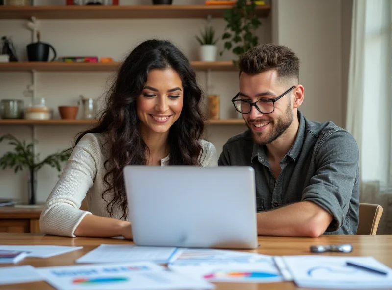 A young couple happily planning their financial future with a laptop