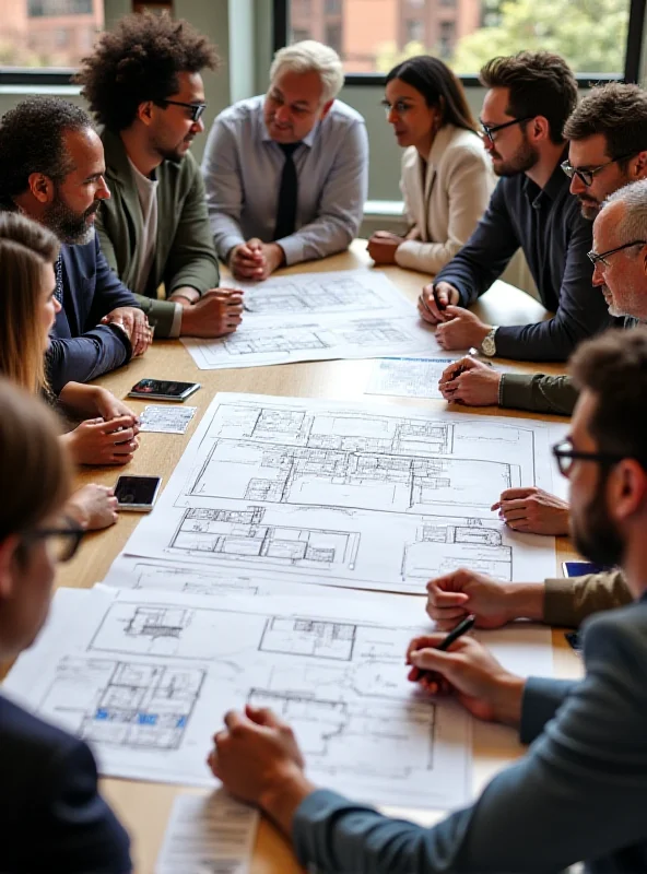 A diverse group of people discussing real estate investment strategies around a table with blueprints and financial charts.