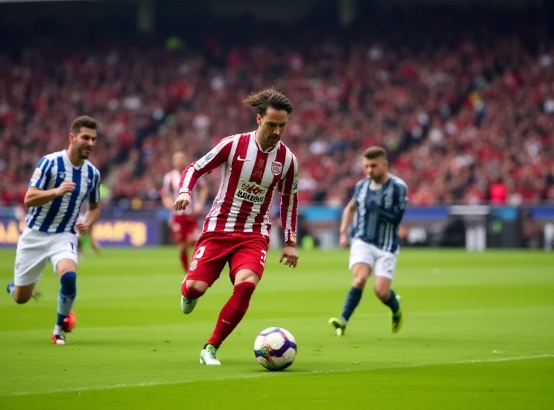 Action shot of Zubimendi playing midfield for Real Sociedad. He is dribbling the ball, with two opposing players closing in on him. The stadium is packed with fans in the background.