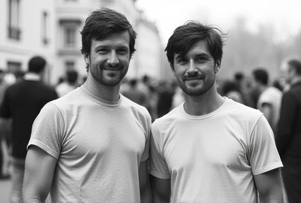A black and white image of Jürgen Milski and Zlatko Trpkovski, early Big Brother contestants