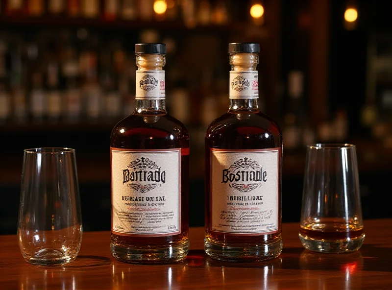 A side-by-side comparison of bottles of Heritage Distilling and Eastside Distilling products on a wooden bar.