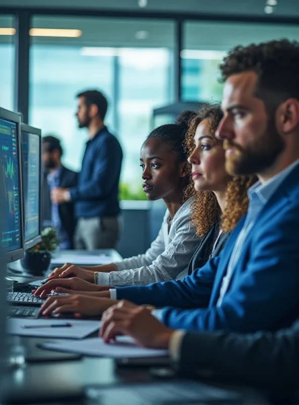 A photo of a diverse group of analysts reviewing stock market data on computer screens in a modern office setting.