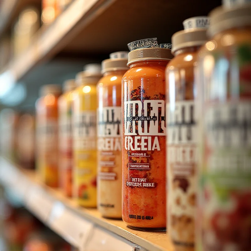 A close-up shot of various BellRing Brand products, such as protein shakes and bars, arranged on a shelf.
