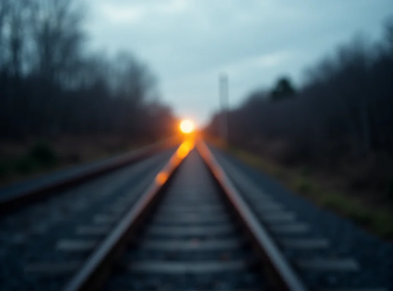 Train tracks stretching into the distance with a blurred train in the background.