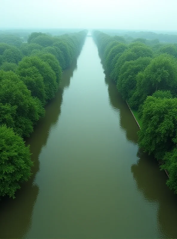 A drone flying over a wide river with trees lining the banks.