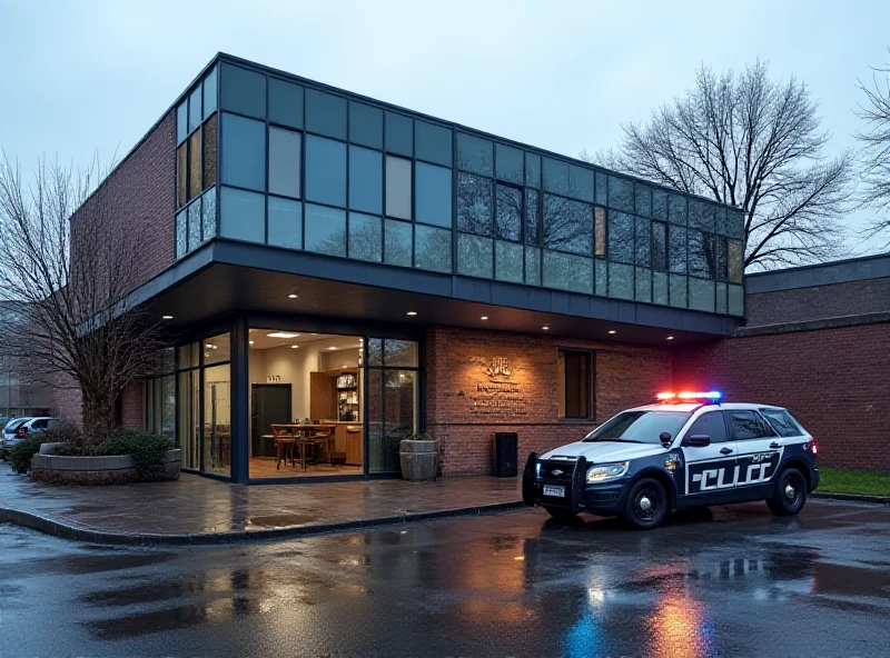 Exterior of a police station with a police car parked outside.