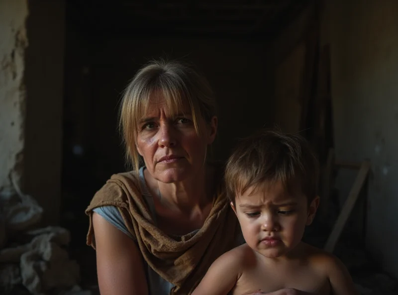 A worried mother looks at her child, both appearing hungry and tired.