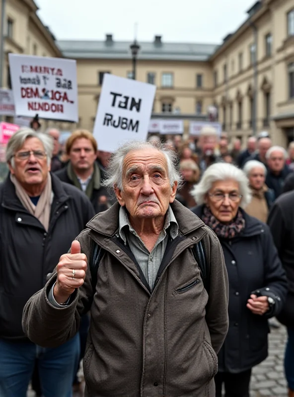 A group of elderly pensioners protesting with signs.