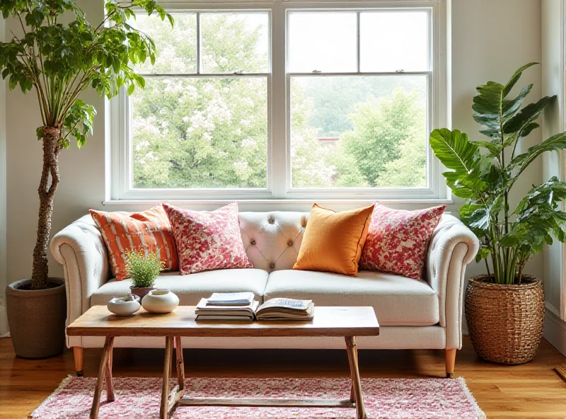 A brightly lit living room with colorful throw pillows and a patterned rug