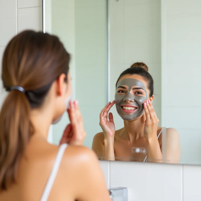 A woman applying a face mask in a brightly lit bathroom