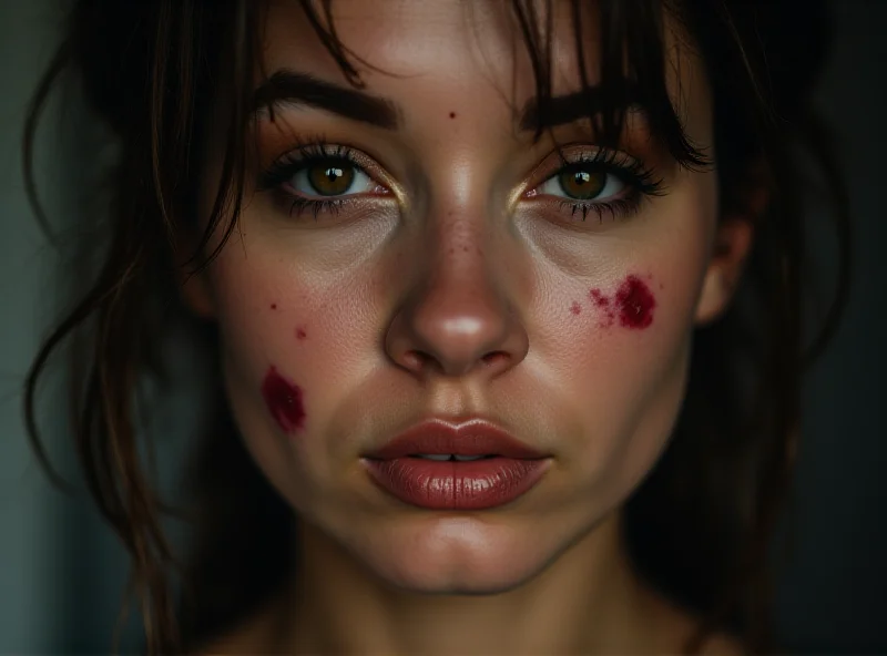 A bruised and injured woman looks directly at the camera with a determined expression. The background is blurred.