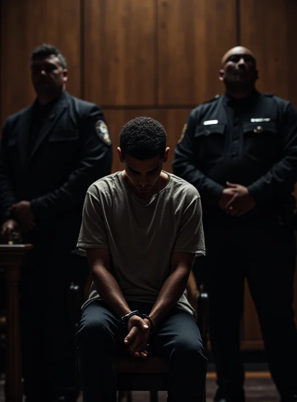 A courtroom scene. A man in handcuffs is being led away by police officers. In the foreground, a young man sits with his head in his hands, visibly distraught.