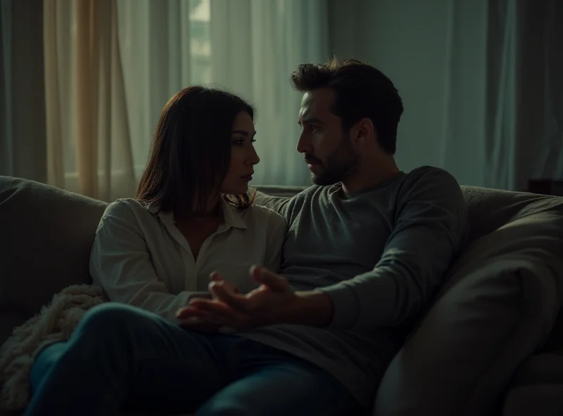 A couple sits on a couch, looking at each other with troubled expressions. The room is dimly lit, and the atmosphere is tense.