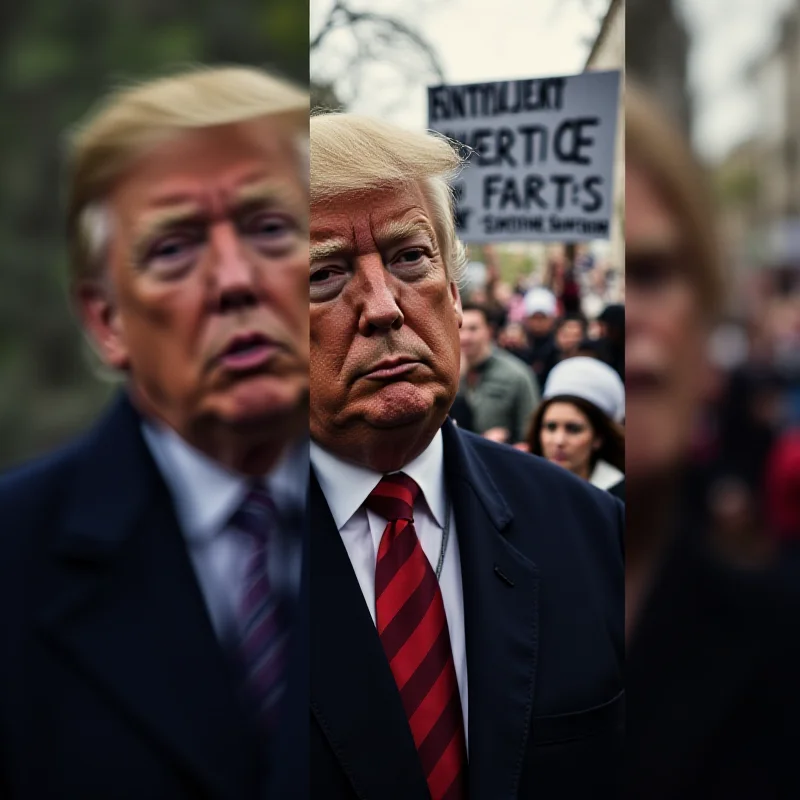 A split image showing Donald Trump on one side and a diverse group of protesters on the other, representing the divided political landscape.