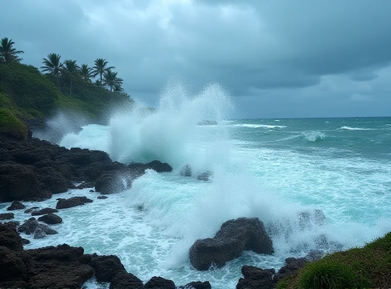 A coastal scene in Réunion with large waves crashing against the shore