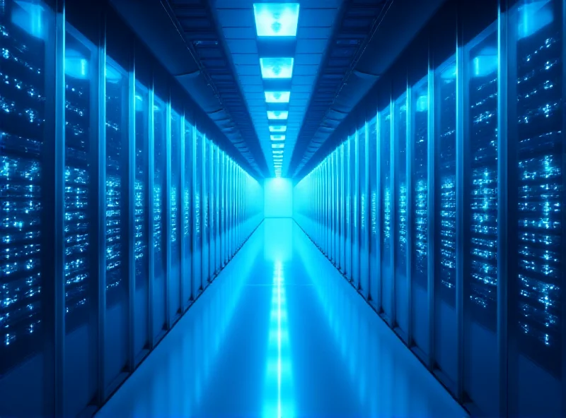 Abstract image of server racks in a data center with green energy symbols overlayed.