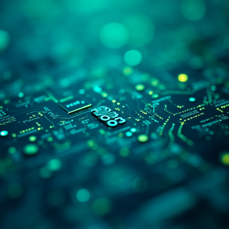 A stylized representation of a circuit board with binary code flowing through it.