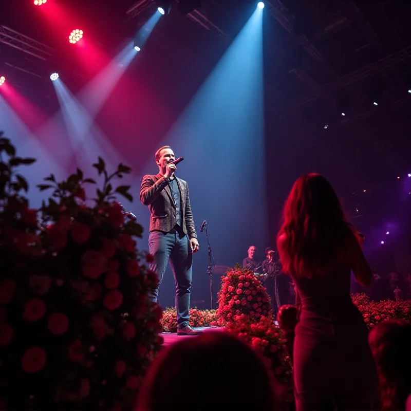 A vibrant stage performance by Diogo Nogueira, bathed in colorful lights, as Paolla Oliveira watches from a VIP box.