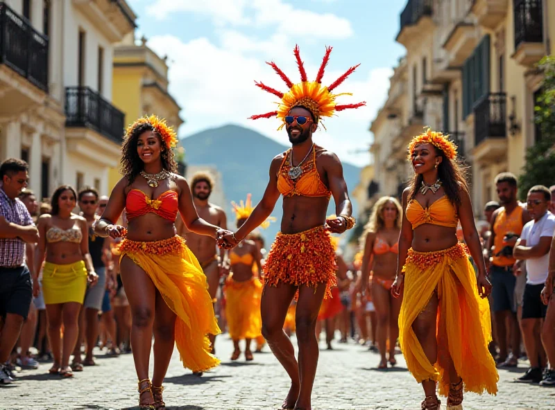 A vibrant street scene in Rio de Janeiro during Carnival, filled with dancers in colorful costumes and large crowds.