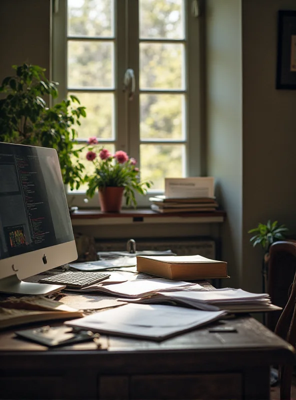 A quiet office space with a desk, computer, and books, representing the preparation for the Women's Day course.