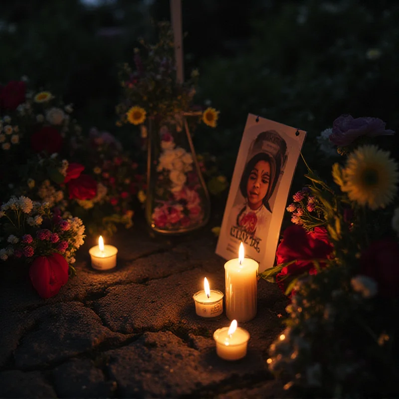 A somber scene depicting a memorial with flowers and candles, representing the tragic loss of the young girl.