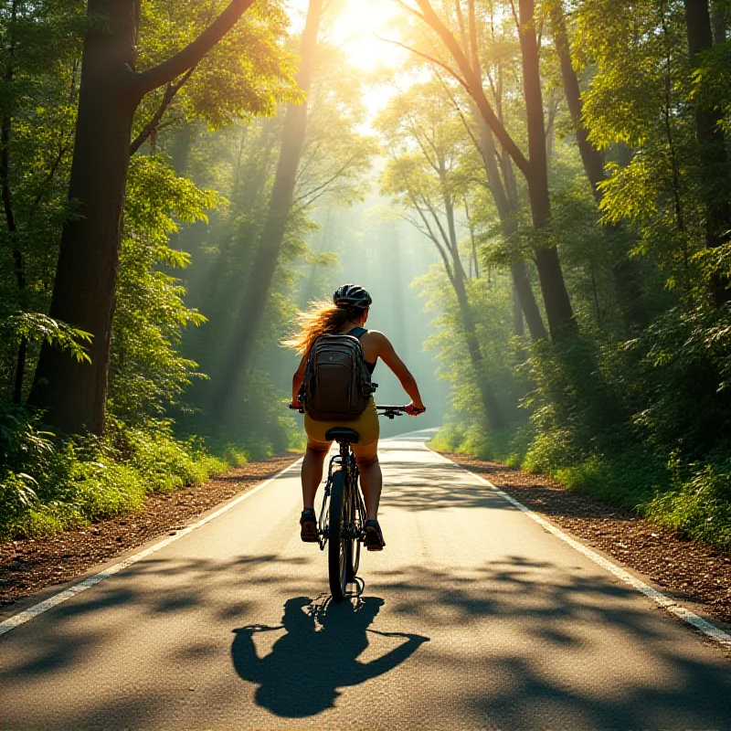 A woman riding a bicycle on a scenic road in Brazil, representing Julieta Hernández Martínez's journey.