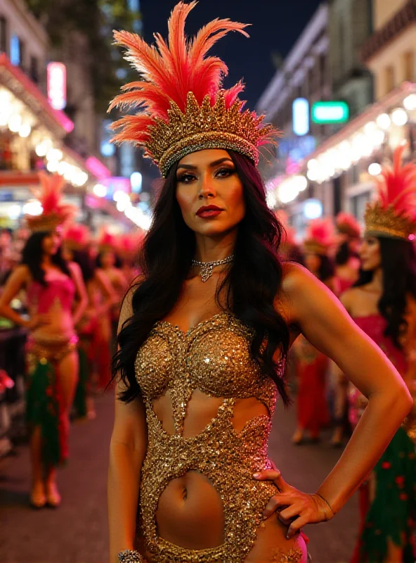 Mariana Goldfarb dressed in a stunning, elaborate samba costume, posing confidently at the Grande Rio event.
