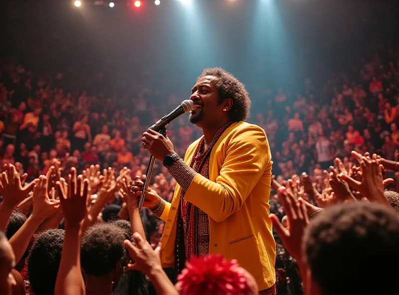 Milton Nascimento performing on stage with Portela, surrounded by dancers and musicians, radiating joy and connection with the audience.