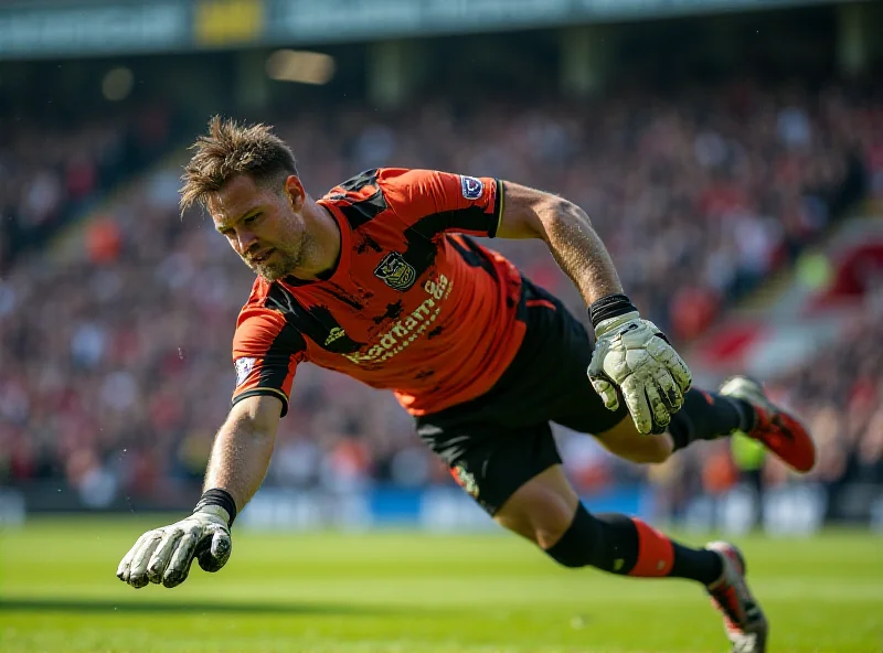 Liam Roberts in goal for Millwall, looking focused and determined. He is wearing the Millwall goalkeeper kit, and the background shows a blurred stadium crowd.