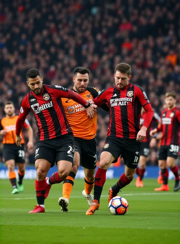 A dynamic FA Cup match scene, showcasing players from Bournemouth and Wolves in a tense moment. The stadium is filled with passionate fans, and the atmosphere is electric with anticipation.