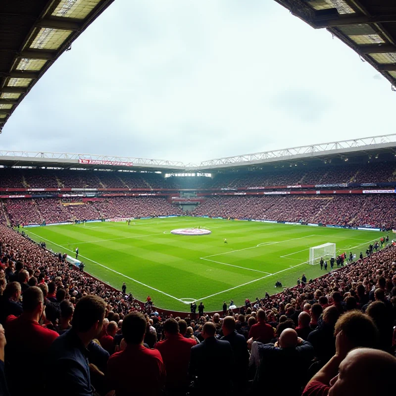 A wide shot of Turf Moor stadium during a Burnley match. The stands are packed with cheering fans, and the pitch is vibrant green. The sky is slightly overcast, creating a classic British football atmosphere.