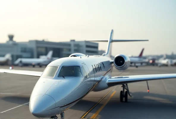 A luxury private jet on a tarmac with a blurred background of airport buildings.