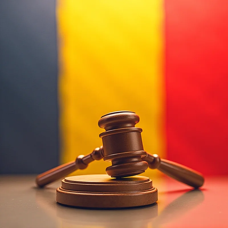 A digital illustration of a gavel striking a sound block, with the Romanian flag subtly displayed in the background, representing legal and political turmoil.