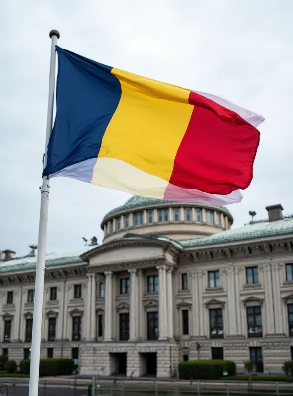 Romanian flag waving in front of government building