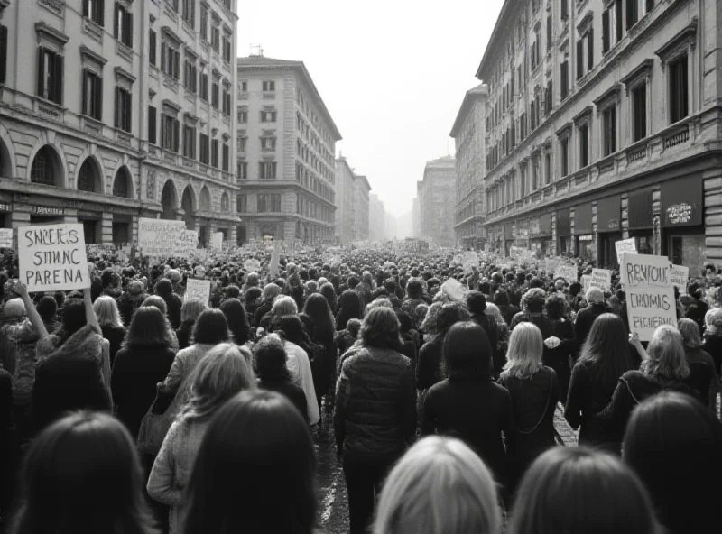 A black and white photograph showing a large crowd of women marching down a street in Rome, holding signs and banners. The buildings on either side of the street are visible, giving a sense of the scale of the protest.