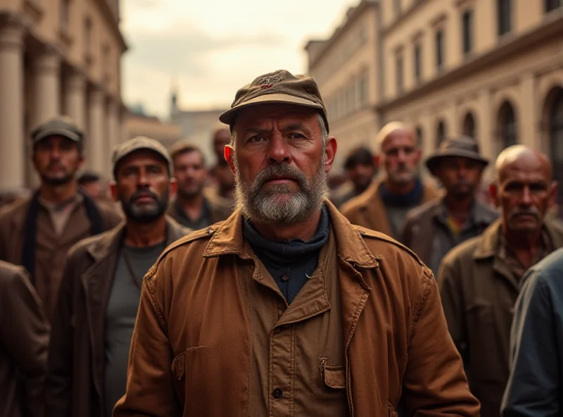 A diverse group of migrant workers standing together in a Roman square, looking hopeful but determined.