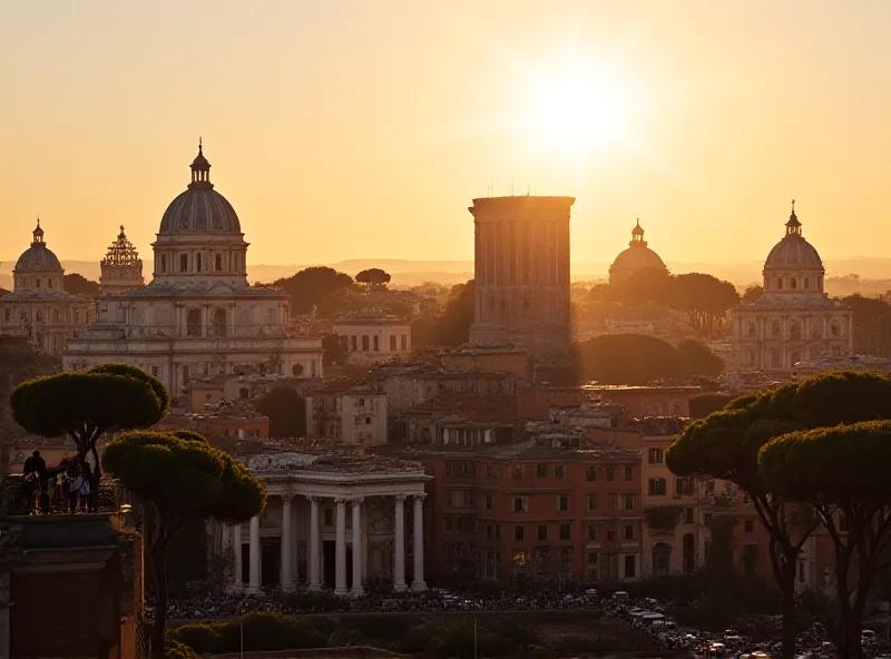 A view of the Roman skyline, showing both ancient ruins and modern buildings, symbolizing the city's complex history and present-day challenges.