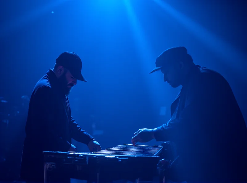 Roy Ayers performing on his vibraphone on stage, bathed in blue light.