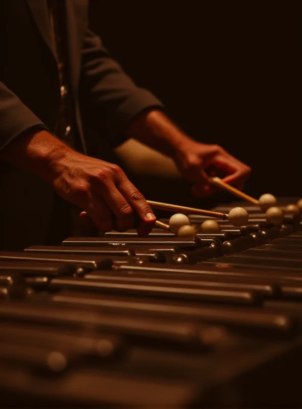 Close up of Roy Ayers playing the vibraphone with mallets, focused on his hands and the instrument.